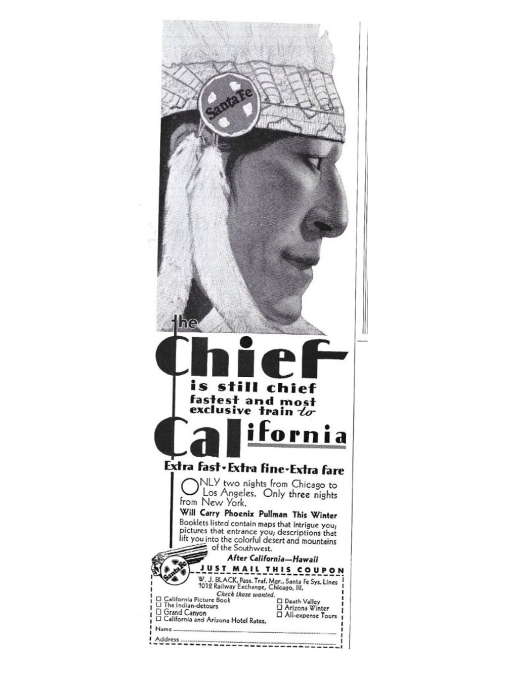 Print Ad Santa Fe Train To California Chief Service Travel Vintage 1930 Railroad